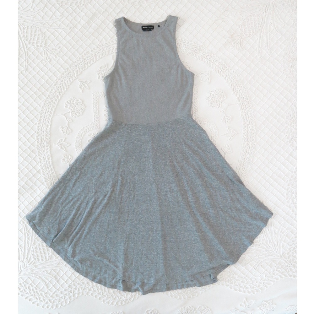 Prana Gray Hemp Blend Ribbed Sleeveless Fit Flare Pocket Midi Dress Womens M